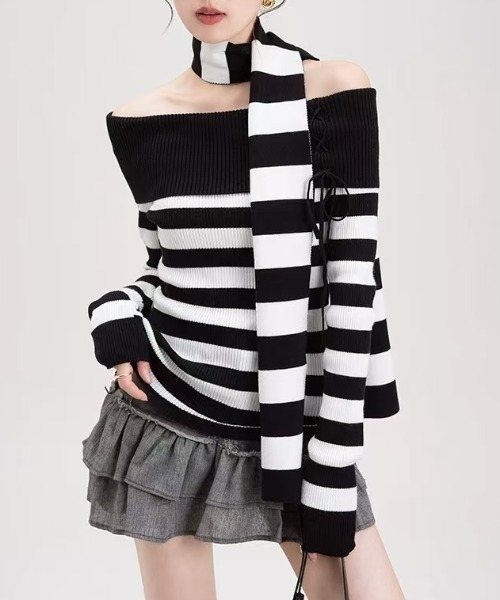 Sibra（シブラ） ニット セーター ストライブ柄オフショルニットTOPS