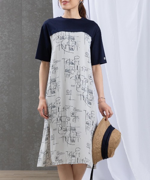 ワンピース シフォン切替線画冷感ワンピース