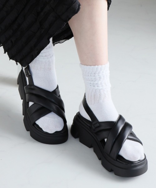 【新品未使用】黒クロスストラップ厚底サンダル MARIA Lace Ladies サンダル クロス ストラップ 厚底 ハイカット