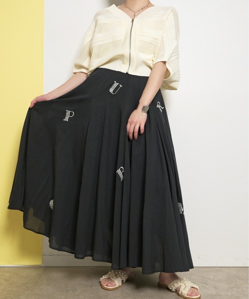 美品✨ハウスオブロータス 刺繍ロングスカート スモッキング インド綿 ブルー M palm RICHE（ポームリシュ） ロング スカート インド綿 刺繍フレア