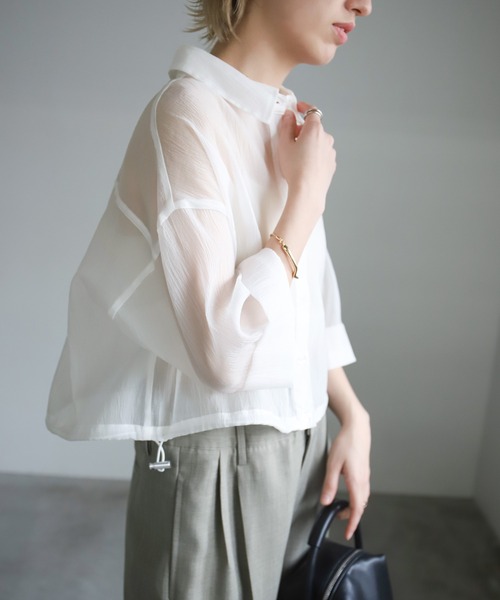 select MOCA ブラウス シャツ ヘムドロストショートシアーシャツ