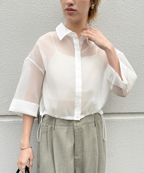 select MOCA ブラウス シャツ ヘムドロストショートシアーシャツ