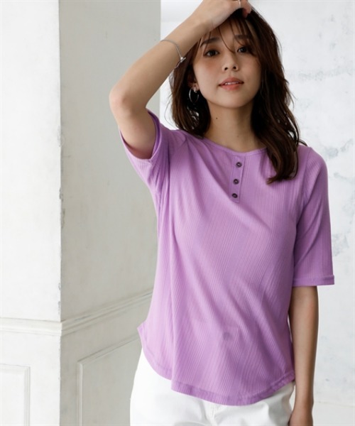 ニッセン（nissen） ヘンリーネック tシャツ ランダムリブカットソー