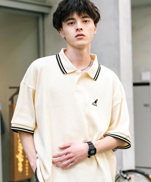 半袖ポロシャツ コントラストカラー ニッチ ワッフル生地 2色 KANGOL ポロシャツ カンゴール 別注コラボ オーバーサイズ