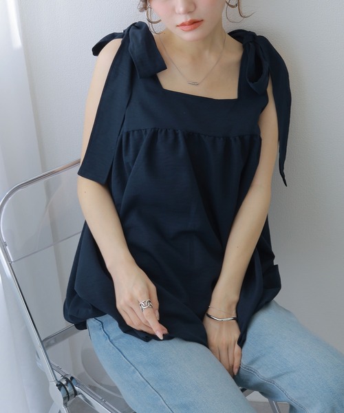 ブラウス シャツ ribbon balloon sleeveless blouse /肩リボンバルーン 