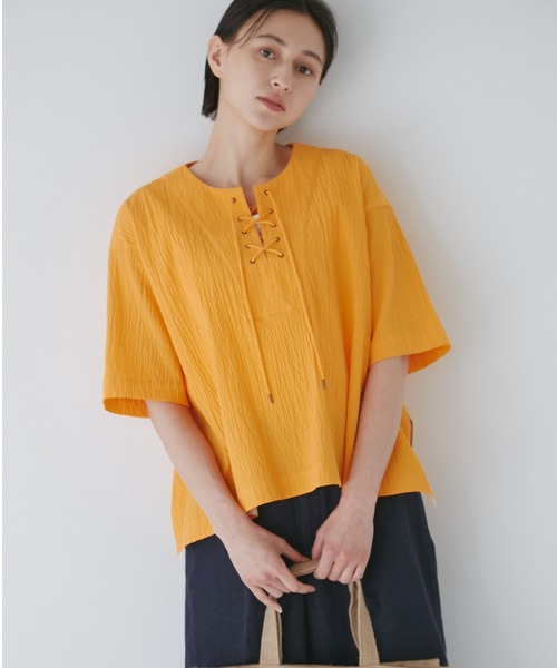 「human woman」 半袖ブラウス MEDIUM オレンジ レディース