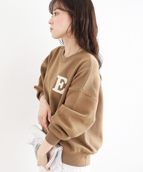 上質ウール✨45R 背中切り替え クルーネックニット R刺繍 アイボリー×茶 3 le.coeur blanc（ルクールブラン） ニット セーター 「手洗い可能