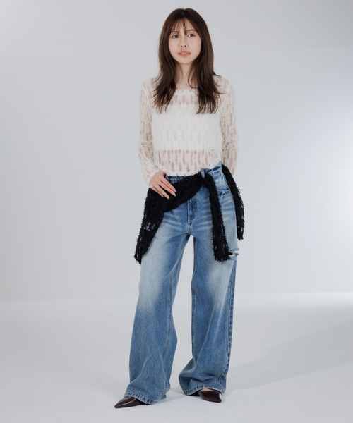 tシャツ feather lace square neck tops（フェザーレーススクエア
