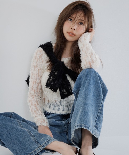 tシャツ feather lace square neck tops（フェザーレーススクエア