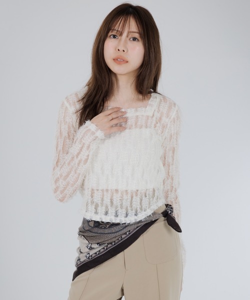 tシャツ feather lace square neck tops（フェザーレーススクエア