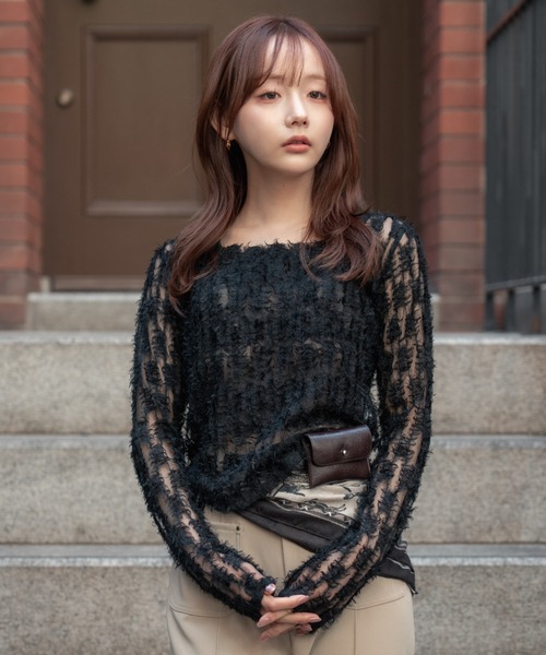tシャツ feather lace square neck tops（フェザーレーススクエア