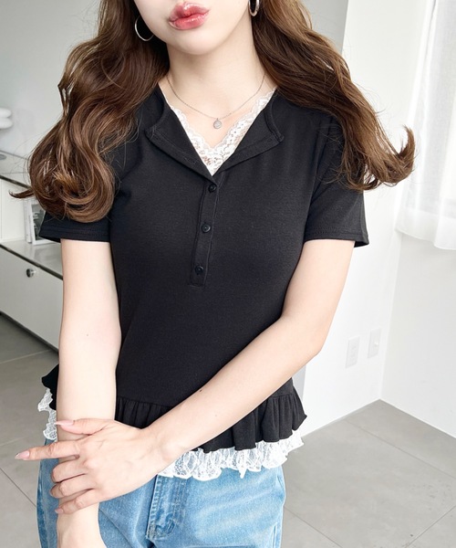moment+ ヘンリーネック tシャツ 半袖 レースドッキングヘンリーネック