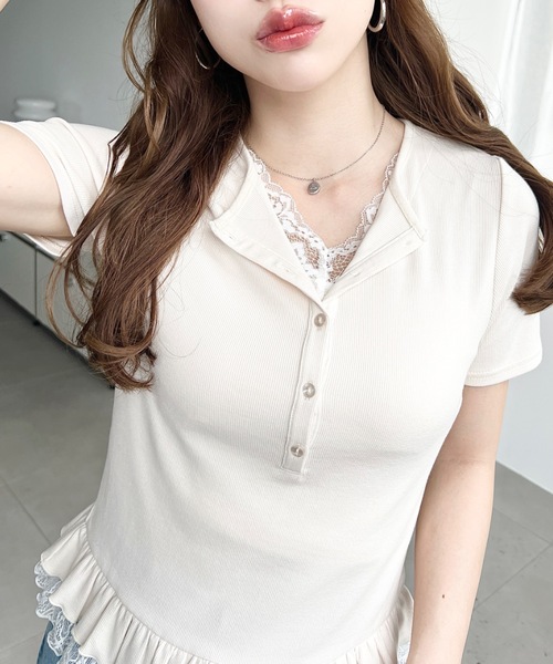 moment+ ヘンリーネック tシャツ 半袖 レースドッキングヘンリーネック