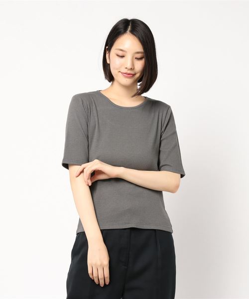 tシャツ Tシャツ バックオープン五分袖テレコリブカットソートップス 