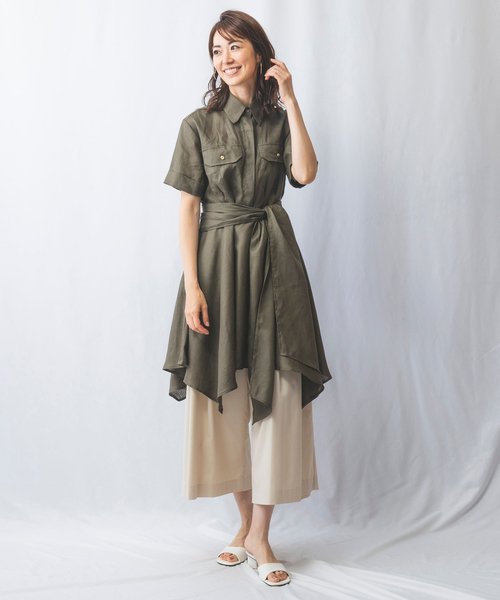 ブラウス シャツ 麻ウエストリボン半袖チュニックシャツ レディース NARACAMICIE ブラウス シャツ 麻ウエストリボン半袖チュニック