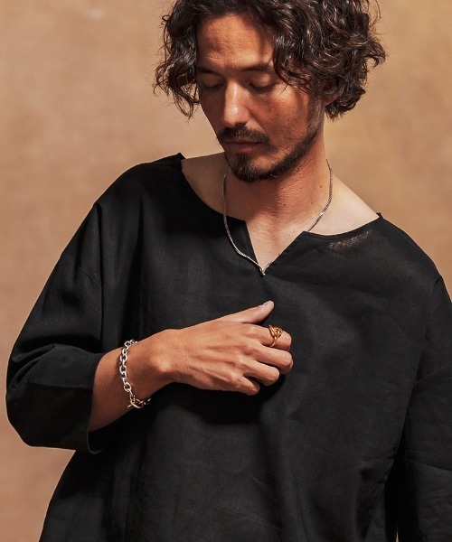 Jih Nunc シャツ ms5919-コットンリネンキーネック7分袖プル