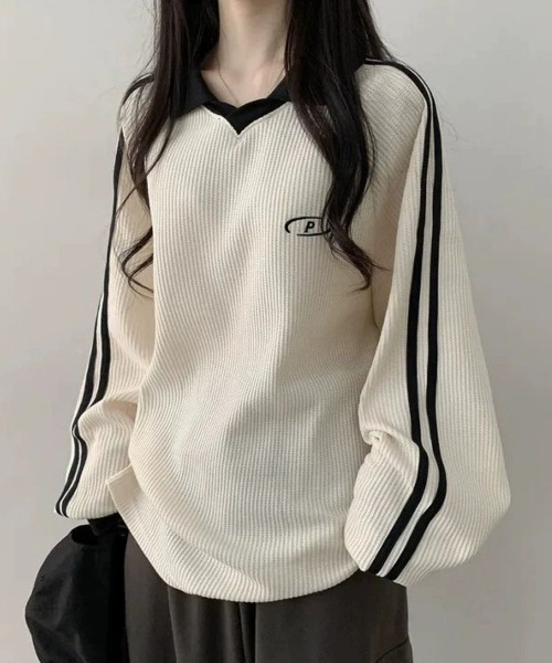 LETee ワッフル袖ラインスキッパートップス レディース : ZOZOTOWN