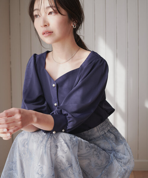 パフスリーブハートネックトップス レディース natural couture ブラウス シャツ ハートネックパフスリーブ