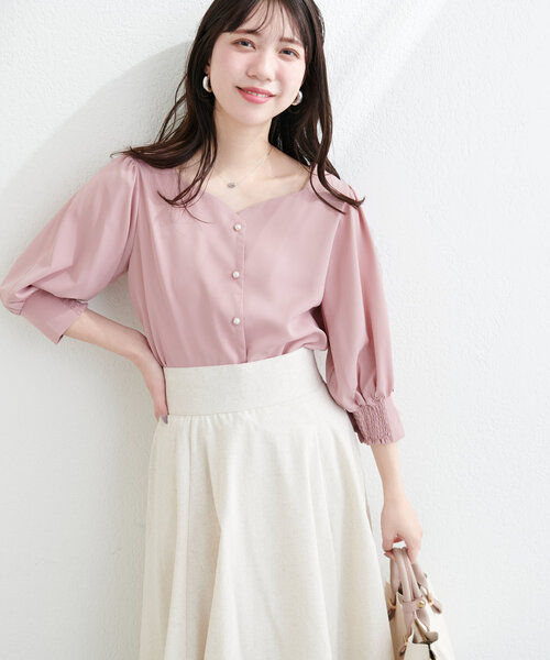 パフスリーブハートネックトップス レディース natural couture ブラウス シャツ ハートネックパフスリーブ
