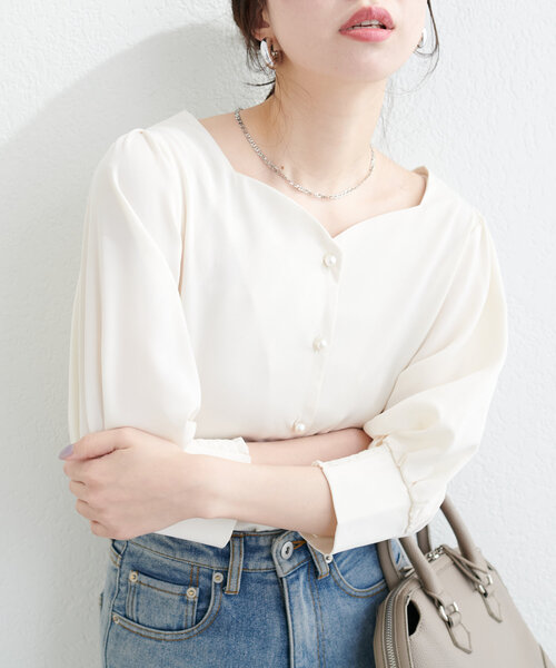パフスリーブハートネックトップス レディース natural couture ブラウス シャツ ハートネックパフスリーブ