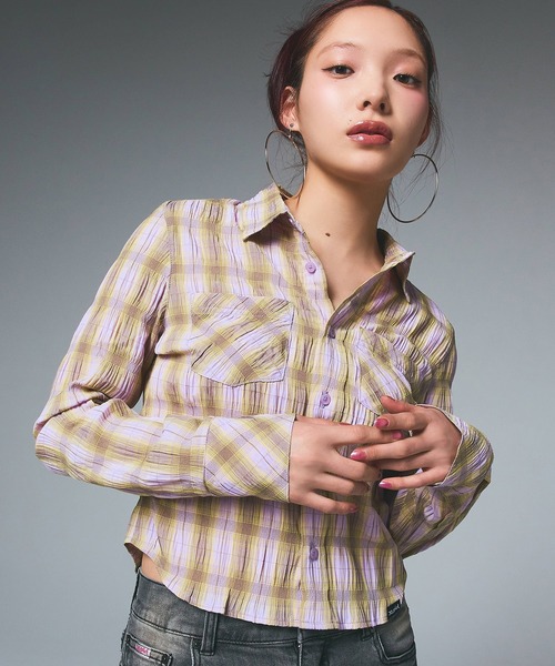 ブラウス シャツ SHIRRED PLAID SHIRT レディース