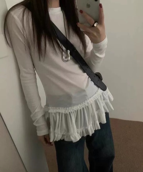 MEMECLE（メメクル） tシャツ 「 」シースルー 裾フリルレイヤード
