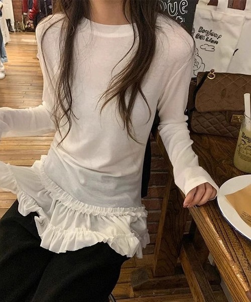専用♡カナダ購入 ひらひらのアシンメトリーな裾が可愛いカットソー MEMECLE（メメクル） tシャツ 「 」シースルー 裾フリルレイヤード