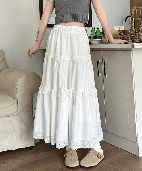 【最終値下げ】riliy vintageホワイトレースフリルロングスカートタグ付 gossip!ロサンゼルス スカート ヴィンテージ風 レースフリルティアード