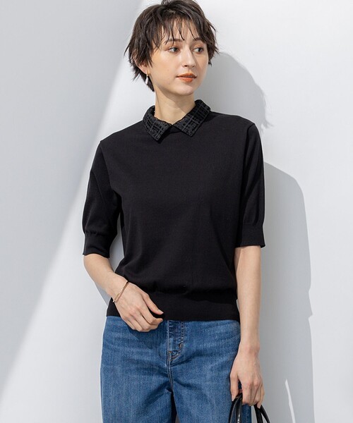 ニット セーター 「洗える」Brocheチェック レース付け襟 ニット レディース 23区 ニット セーター 「洗える」Brocheチェック レース付け襟