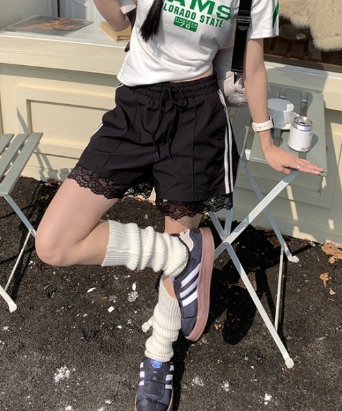 lilful ワイドパンツ パンツ サイドライン レース スポーティー