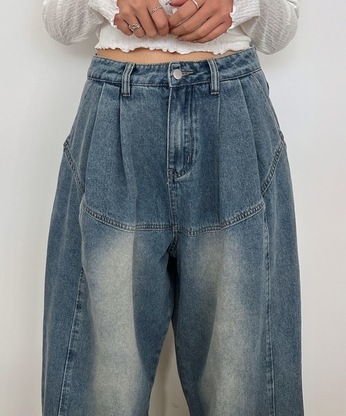 by muni:r ジーンズ デニム デニムパンツ ピンタック切開ワイド