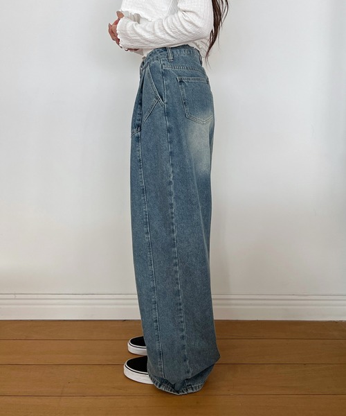 by muni:r ジーンズ デニム デニムパンツ ピンタック切開ワイド