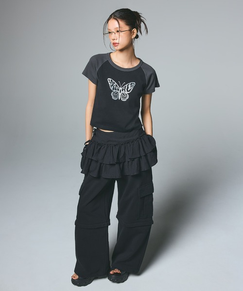 Megan Butterfly Tシャツ L 海外限定 黒 X-girl tシャツ GLITTER BUTTERFLY RAGLAN S/S BABY TEE
