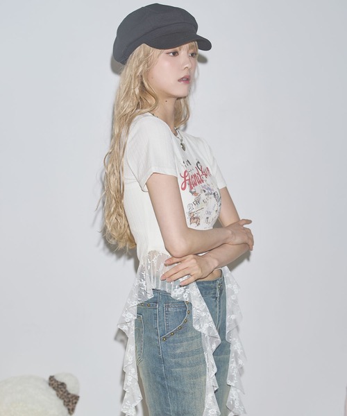 MSGirl tシャツ グラフィックプリント クロップド丈リブTシャツ