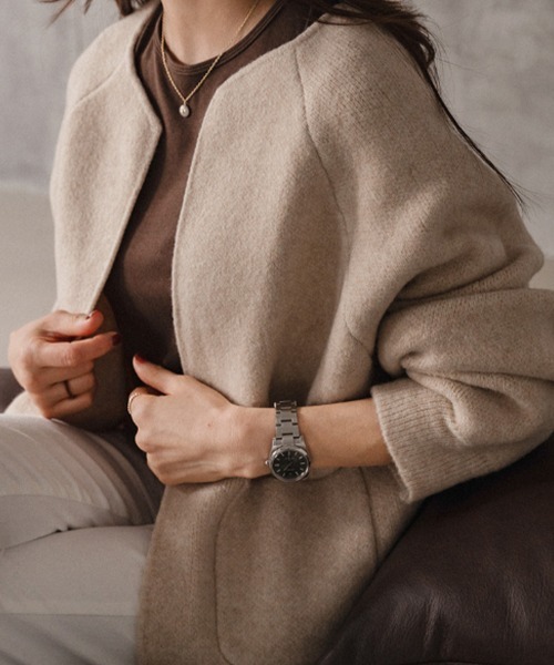 ブルゾン アウター ノーカラー ウールタッチ ニットアウター