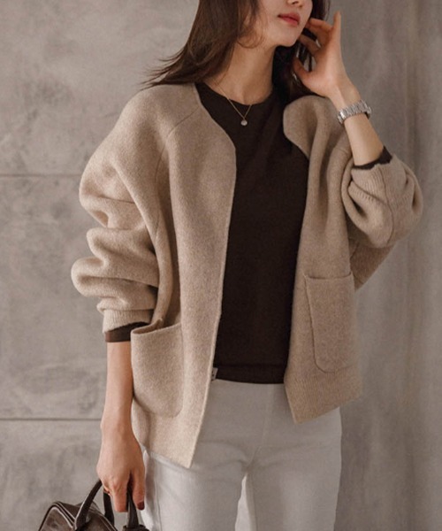 ブルゾン アウター ノーカラー ウールタッチ ニットアウター