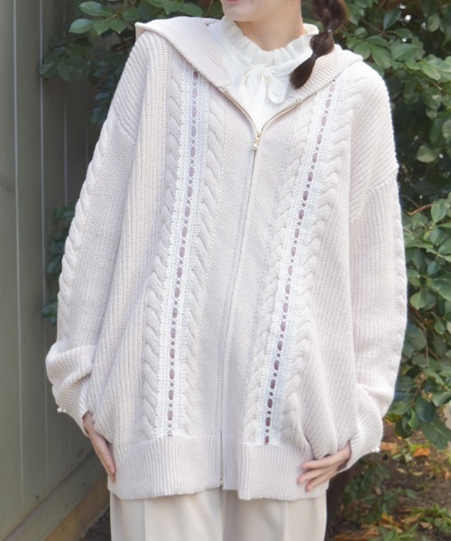 axes femme アイボリー レース 五分袖カーディガン レースアップモールヤーンカーディガン【期間限定価格】 | axes femme