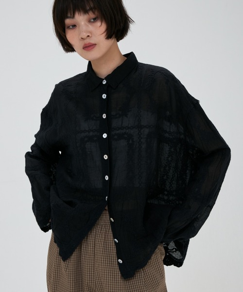 極美品 LEONARD フローラル 総柄 ウール シルク 長袖ブラウス シャツM full/fill. ブラウス シャツ natural embroidery shirt / ナチュラル