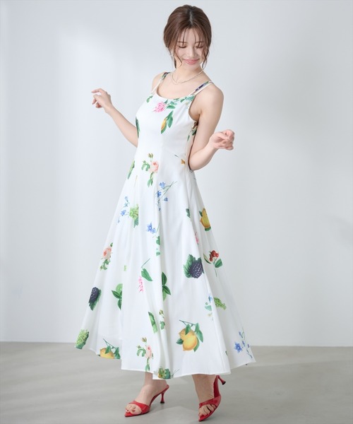 フルーツ柄 キャミソールワンピース AND COUTURE（アンドクチュール） ワンピース 夏 フルーツ柄プリント