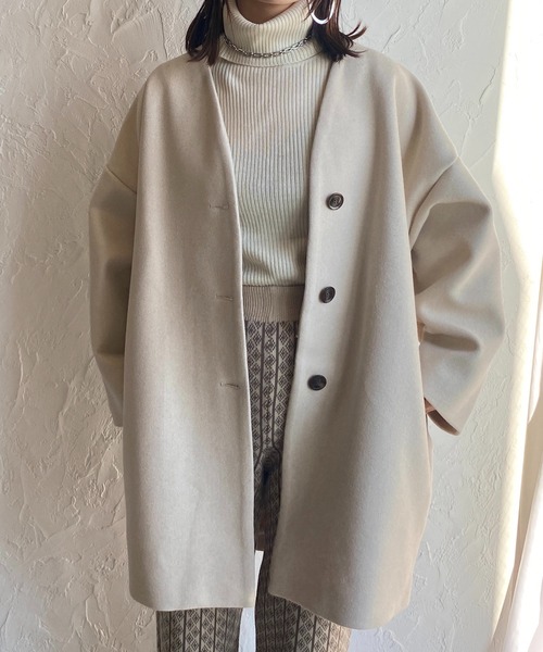 15FW by H. New York ノーカラーウールサイドスリットコート サイドスリットダブルボタンチェスターコート[ze759] | レディース