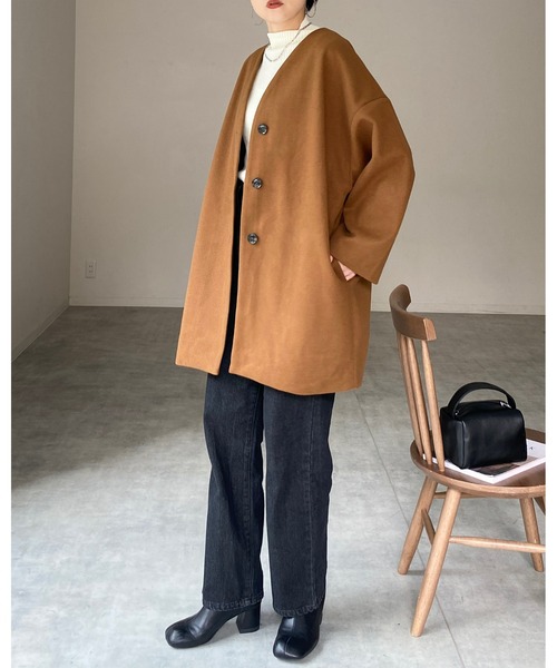 15FW by H. New York ノーカラーウールサイドスリットコート She's Closet ノーカラーコート コート ノーカラー Vネックミドル丈