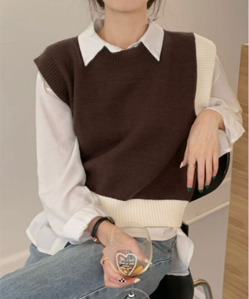 フランス製　ベスト　DAMART ニットセーター セール】シアーチルデンニットベスト / Sheer Tilden Knit Vest