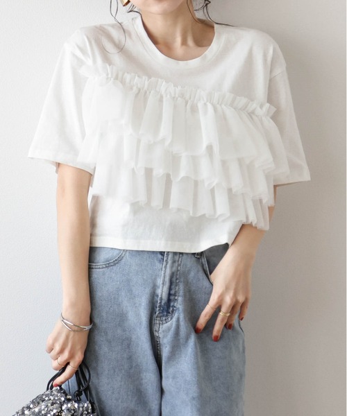 tシャツ 「サステナブル」チュールフリルTEE レディース ADAM ET ROPÉ FEMME(アダム エ ロペ ファム) / 【サステナブル