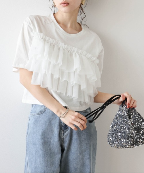 tシャツ チュールフリルロゴTシャツ レディース moment+ tシャツ チュールフリルカレッジプリントTシャツ