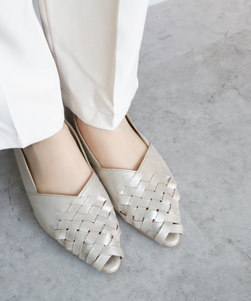 パンプス オープントゥ メッシュ編み込みパンプス「日本製
