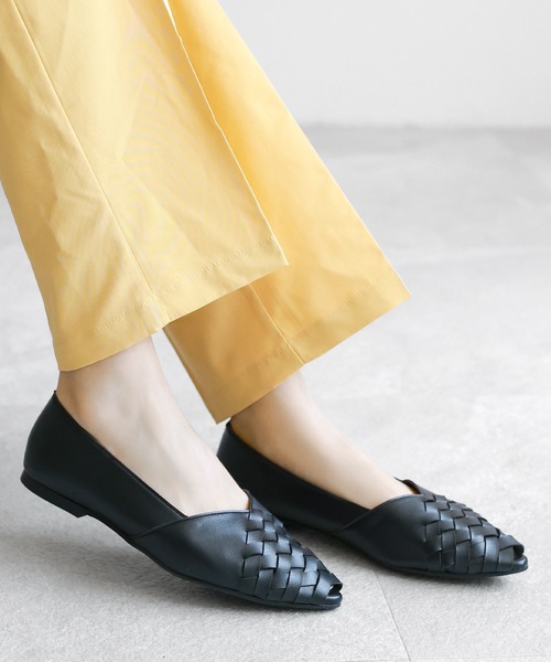 パンプス オープントゥ メッシュ編み込みパンプス「日本製