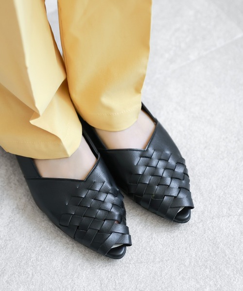 パンプス オープントゥ メッシュ編み込みパンプス「日本製