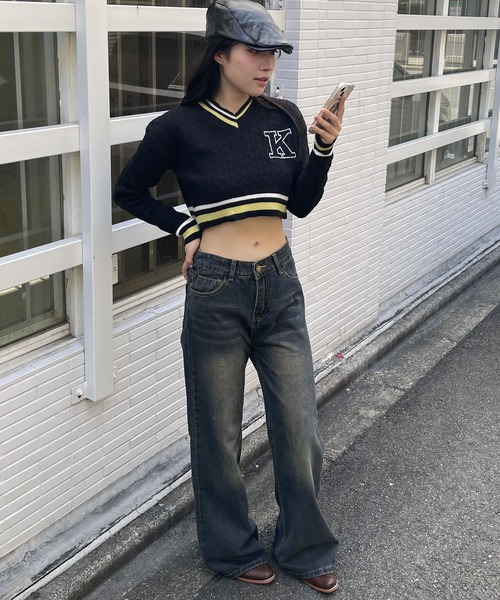 madrepadre ニット セーター クロップ丈Vネックラインニット 