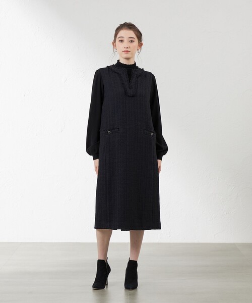 新品 AMACA アマカ ウーリーポリエステルワンピース 38濃紺49500円