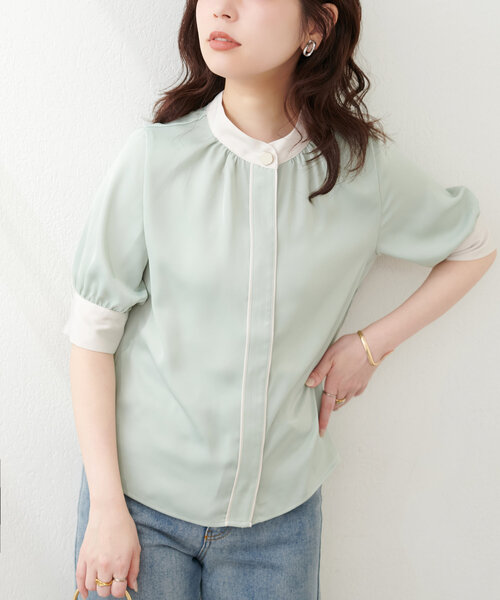 natural couture ブラウス シャツ 半袖 osonoなみなみ釦バイカラー 
